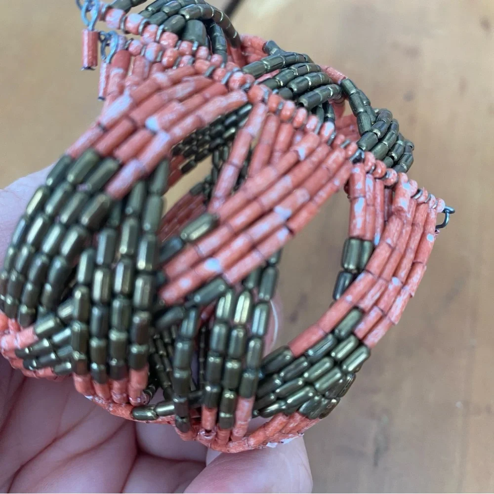 Salmon pink and bronze-gold Multicolor Seed Beaded Cuff Bracelet, 2-inches wide